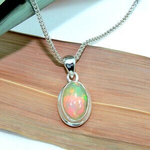 Opal Gemstone Sterling Silver Chain Pendant Necklace, New Opal Silver Jewelry